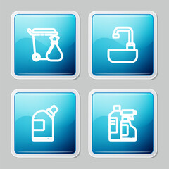 Poster - Set line Trash can and garbage bag, Washbasin with water tap, Bottles for cleaning agent and icon. Vector