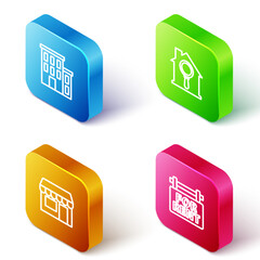 Sticker - Set Isometric line House, Search house, Market store and Hanging sign with For Rent icon. Vector