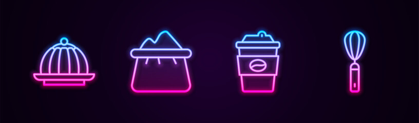 Poster - Set line Pudding custard, Bag of flour, Coffee cup to go and Kitchen whisk. Glowing neon icon. Vector