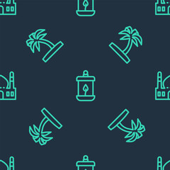 Poster - Set line Ramadan Kareem lantern, Tropical palm tree and Muslim Mosque on seamless pattern. Vector