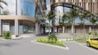3D illustration of a rental office building, a unique building shape with a large parking area and communal area. 3D Rendering