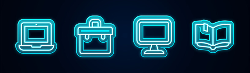 Canvas Print - Set line Laptop, Briefcase, Computer monitor and Open book. Glowing neon icon. Vector