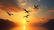 A Symphony in Shadows: Ibises Group Silhouettes with sunset background ai generated