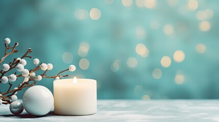 Poster -  a white candle sitting next to a white ball and a twig with a twig on top of it.