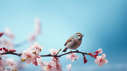 Naklejka na meble A small bird, on a branch with flowers, on a pastel background