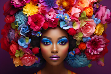 Poster - Whimsical Floral Fusion: Stylish Woman in Colorful Installations