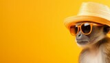 Fototapeta  - Stylish monkey in sunglasses and hat on solid background for text placement   travel concept