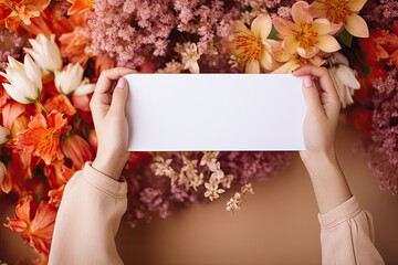 Wall Mural - Hands holding white clothing tag or label in the center of flower bouquets on orange fabric. Free space for product placement or advertising text.