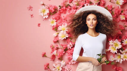 Wall Mural - A brunette girl in a white blouse and hat lies on pink floral background.