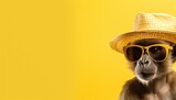 Fototapeta  - Monkey in sunglasses and hat on pastel background, travel concept with copy space for text.