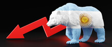 Horizontal Banner Of A Bear With Argentina Flag On Black Empty Grey Background And Red Descending Arrow. Background Image With Copy Space Represents Argentina Bear Stock Market. 3d Rendering