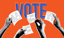 Voting Concept. People's Hands Holding Vote Ballots In Trendy Halftone Collage Style. Vector Dotted Cutouts Magazines. 2024 President Election Concept,