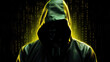 © IndigoElf - Man wearing a hood covering his face on a dark background with a colored yellow neon glow. Creative concept of anonymity on the internet, vpn, depersonalization, hiding the identity of a hacker.