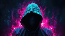 Man Wearing A Hood Covering His Face On A Dark Background With A Colored Neon Glow. Creative Concept Of Anonymity On The Internet, Vpn, Depersonalization, Hiding The Identity Of A Hacker. 