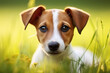Cute little jack russell dog posing for a shot on grass field