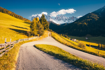 Sticker - A magical autumn day in St. Magdalena village. Dolomites, Italy, Europe.