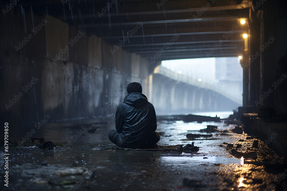 Homeless While Raining Lone figure sits under a city bridge at night, rain pouring down, in a ...