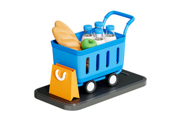 Canvas Print - 3D Online Grocery Shopping. Mobile phone with shopping cart full of products. Home delivery from supermarket. Food market in smartphone. Cartoon creative design icon isolated png. 3D Rendering