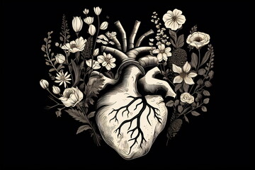 Wall Mural - Valentines day card. Anatomical heart with flowers. Black and white ink illustration