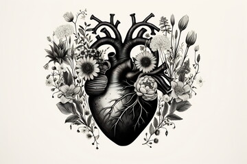 Wall Mural - Valentines day card. Anatomical heart with flowers. Black and white ink illustration