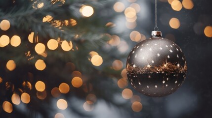 Poster -  a close up of a christmas ornament hanging from a christmas tree with a blurry background of lights.