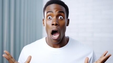 Wall Mural - Astonished African American Guy with Opened Mouth and Raised Hands - An  Image of a Young Man in White T-shirt Expressing Shock and Amazement