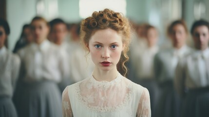 Canvas Print -  a woman with red hair stands in front of a group of other women in white shirts and long gray skirts.