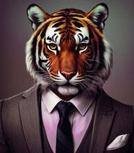 An Anthropomorphic Tiger In A Business Suit. A Tiger With A Human Body In The Official Dress Code.