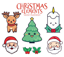 Wall Mural - Enchanting Bunch of Christmas Elements in Flat Design for Children: Laughing Santa Claus Head, Reindeer, Candle, and Christmas Tree - Transparent Background