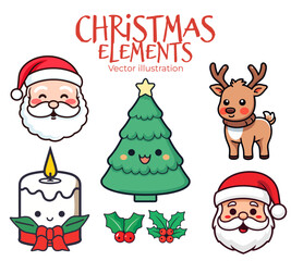 Sticker - Appealing Selection of Christmas Elements in Flat Design for Kids: Gleeful Santa Claus Head, Reindeer, Candle, and Christmas Tree - Transparent Background