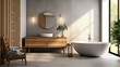 Interior of luxury bathroom with gray tile walls, concrete floor, white bathtub and double sink with a round mirror hanging above it. Wooden ladder in the corner. 3d rendering