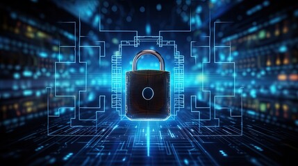 Aufkleber - Digital cybersecurity hud hologram with glowing lock and network circuit. Concept of internet security and global protection. 3D rendering