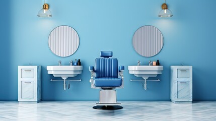 Wall Mural - Blue barbershop interior with two armchairs and table, accessories and attributes, copy space empty background. Concept of haircut, salon, shave and beauty. 3D rendering illustration