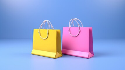 Canvas Print - Online shopping by smartphone with shopping bags concept. Pink, blue paper bags on yellow background, front view. Purchase concept. 3d rendering