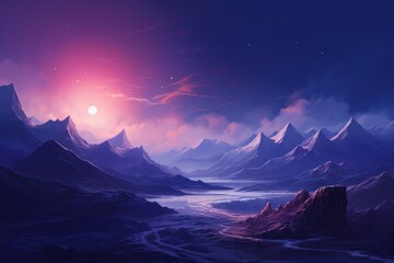 Wall Mural -  a painting of a landscape with mountains and a river in the foreground and a full moon in the background.