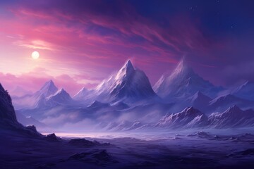 Canvas Print -  a painting of a mountain range with a full moon in the sky and a pink and purple sky in the background.