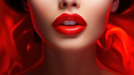 Canvas Print -  a close up of a woman's face with a red dress on her shoulders and red lipstick on her lips.