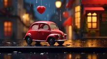 A Red Retro Toy Car With A Heart On The Roof Behind A Rainy Window.Food Delivery From Cafes And Restaurants On Valentine's Day.Blocking, Restrictions And Sadness In The City Because Of The Coronavirus