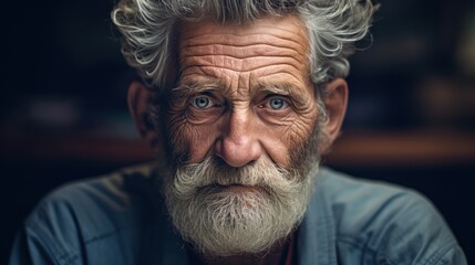 Sticker -  a close up of a man with a white beard and grey hair and a blue shirt and a blue shirt.