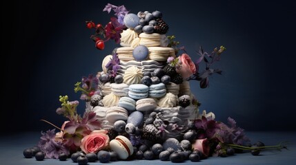 Poster - Wedding cake with flowers, figs, macarons and blueberries