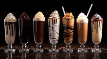 Chocolate Frappe In A Variety Of Glasses With Chocolate Syrup, Fancy Coffee Drinks