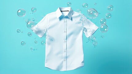 Clean shirt with soap bubbles and water splash on color background