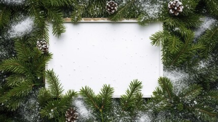 Fototapete - Creative layout made of Christmas tree branches with snow and paper card note. Flat lay. Nature New Year concept.