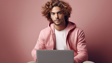 Wall Mural - Smiling cheerful smart manwearing casual teenage clothes using laptop computer pose looking at camera isolated color background