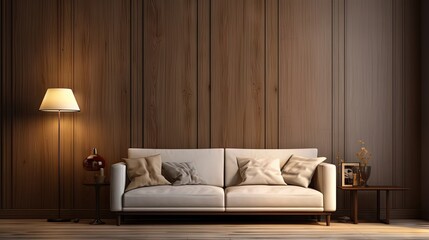 Poster - Modern living room in house with contemporary interior design, comfortable sofa, carpet on floor, lamplight lamp, decor on table and wooden panel on copy space background