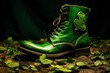 Green Leather Boot with Shamrock Design in Forest Setting
