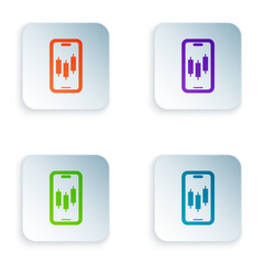 Canvas Print - Color Mobile stock trading concept icon isolated on white background. Online trading, stock market analysis, business and investment. Set colorful icons in square buttons. Vector