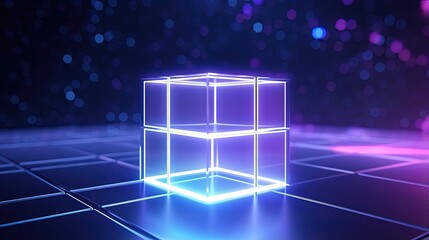 Aufkleber - 3d render, abstract neon background with cube box. Geometric object glowing in ultraviolet light