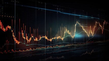 Canvas Print - Virtual stock market lines and financial charts over dark background. Digital screen. Concept of finance advisory and international consulting. Huds, numbers and line graphs