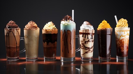 Wall Mural - Chocolate frappe in a variety of glasses with chocolate syrup, fancy coffee drinks